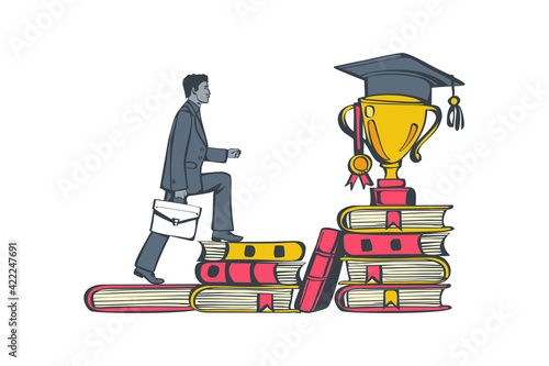 Education concept. A student climbs the steps of books to the top with a cup and a graduate cap. Vector illustration flat design. Isolated on white background.