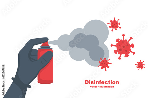 Cleaning and disinfecting coronavirus. Atomizer and sprayer. Man in hazmat suit and gloves. Pandemic risk.Vector illustration flat design. Epidemic spread precautions covid-19.