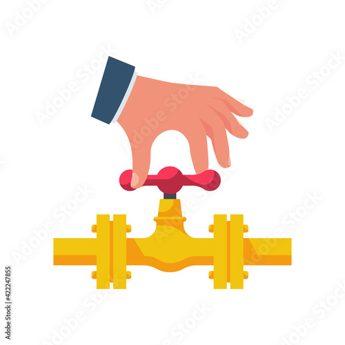 Open valve gas. Flow control. Vector illustration flat design. Isolated on white background. Oil and gas operations. Hand opening the tap on the yellow pipe.