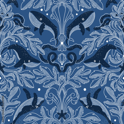 Nautical damask pattern with whales, pattern illustration