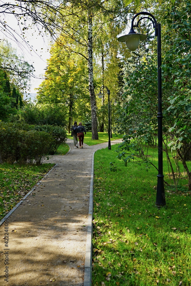 People walk in the city park in autumn.