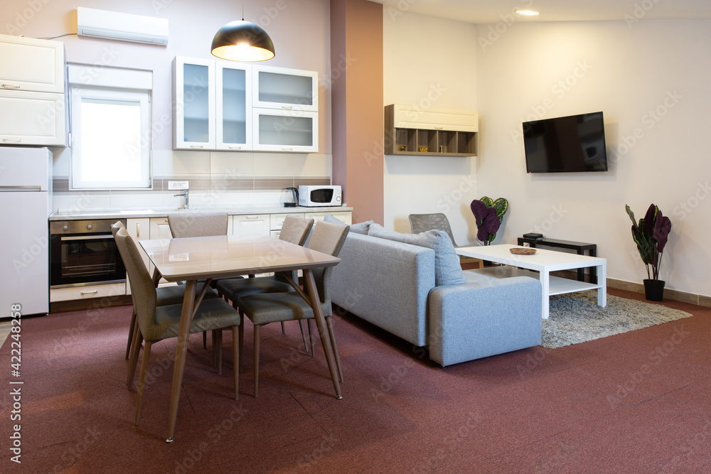 Kitchen and living room, apartment interior