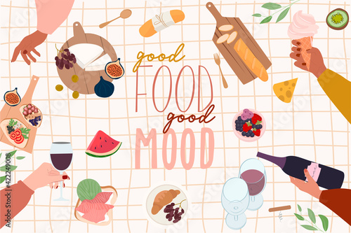 Summer Picnic with tasty food and leisure things poster. Summer festival, holidays, invitation card. Top view. Editable vector illustration.