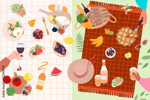 Summer Picnic with tasty food and leisure things poster. Summer festival, holidays, invitation card. Top view. Editable vector illustration.