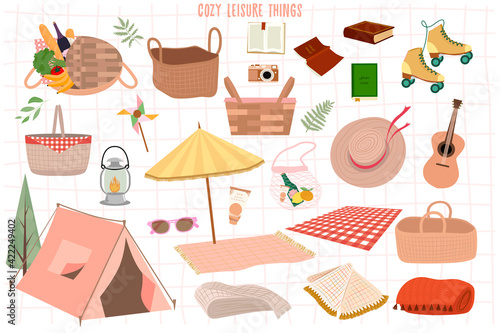 Set of Summer Camp and Picnic leisure things: tent, blanket, umbrella, guitar, books, baskets, rollers, hat, glasses, flashlight. Perfect for invitation card and posters. Vector Illustration