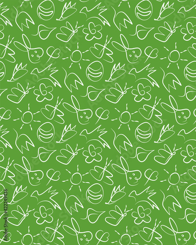 spring pattern with white outline of leaves  flowers  birds  hedgehog  rabbit  eggs  butterflies  sun on a green background
