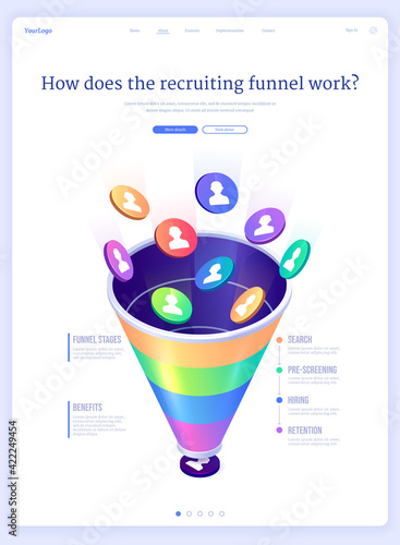 Recruiting funnel, hiring isometric landing page