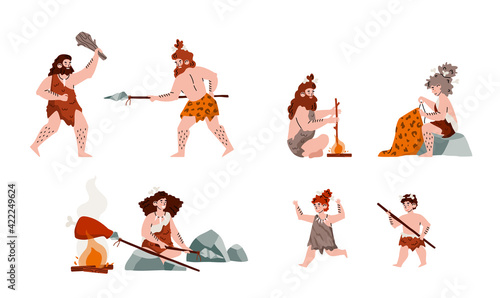 Caverman or cave people charaters set, cartoon vector illustration isolated.
