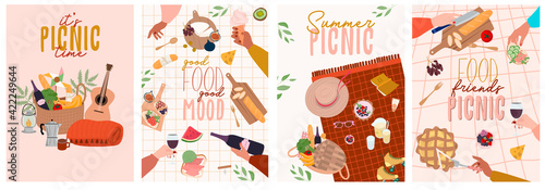 Summer picnic poster or invitation cards set with tasty food and leisure things. Outdoor active rest.  Editable vector illustration.
