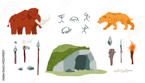 Icons on theme stone age - prehistoric weapons, tools, cave paintings and fire