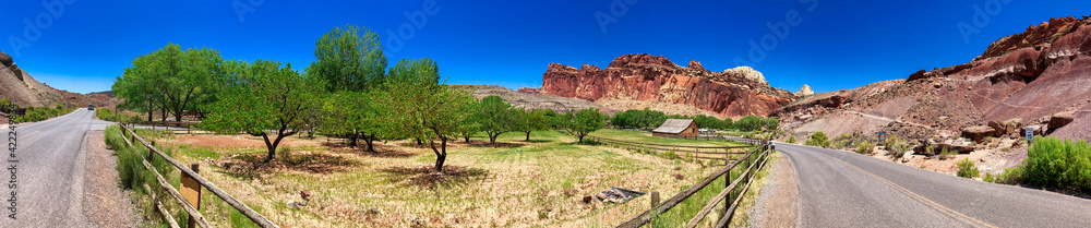 Road to Gifford House inside the Capitol Reef National Park, Utah - Panoramic view Road to Gifford House inside the Capitol Reef National Park, Utah - Panoramic view