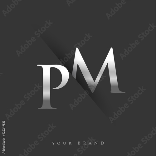 initial logo letter PM for company name, silver color and slash design in black background. vector logotype for business and company identity.