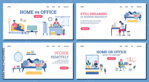 Set of web banners freelance vs work in office, cartoon vector illustration.