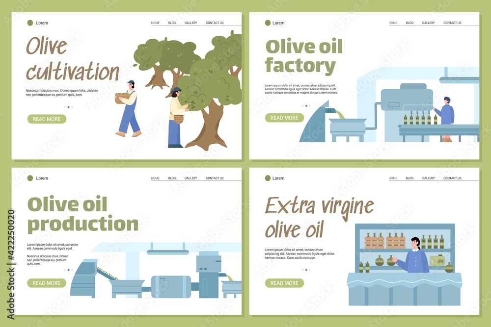 Olive oil production and olives cultivation banners, flat vector illustration.