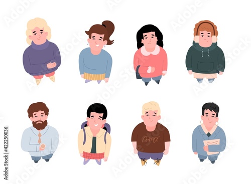 Top view of people standing looking up, cartoon vector illustration isolated.