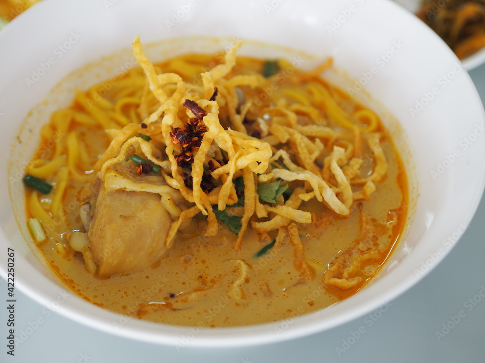 Khao Soi Recipe, Curried Noodle Soup with Chicken, noodle food in white dish, Thai food Khao Soi Recipe, Curried Noodle Soup with Chicken, noodle food in white dish, Thai food