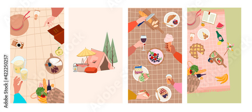 Summer picnic vertical background set with tasty food and leisure things. Perfect for Mobile app, Social media. Editable vector illustration.