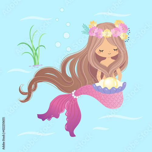 Mermaid holding shell pearls in both hands, with seaweed and sea water in the background