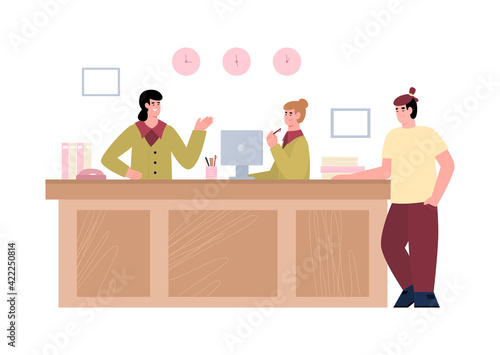 Reception desk business office, clinic or hotel with visitor and receptionists