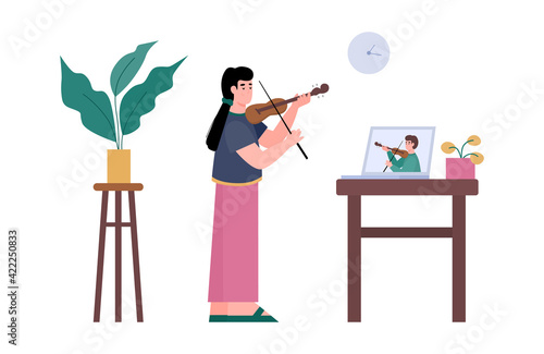 Girl having video tutorial to play musical instrument, online lesson music violin