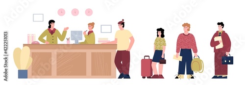 Reception desk in hotel lobby with receptionists and queue people with luggage