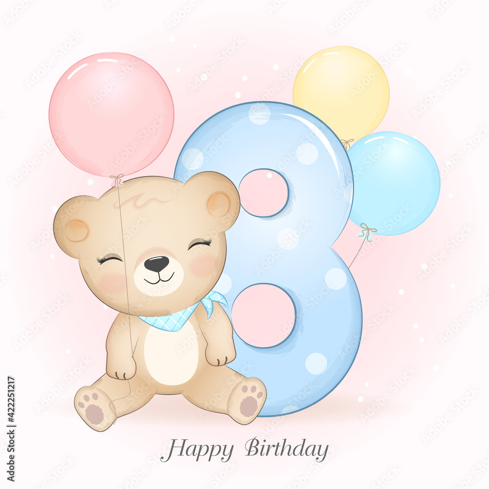 Cute little Bear birthday party with number, greeting card illustration Cute little Bear birthday party with number, greeting card illustration