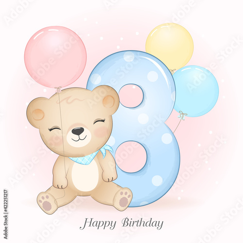 Cute little Bear birthday party with number, greeting card illustration