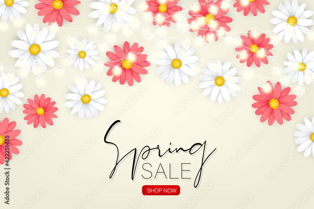 Spring sale banner. White and pink daisy flowers on beige background and garland lights. Vector illustration. Spring sale banner. White and pink daisy flowers on beige background and garland lights. Vector illustration.