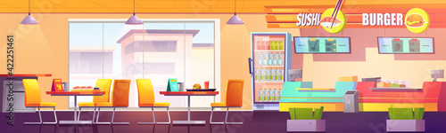 Food court cafe with sushi bar and burger area