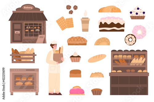 Baking and bread making equipment set of cartoon vector illustrations isolated.