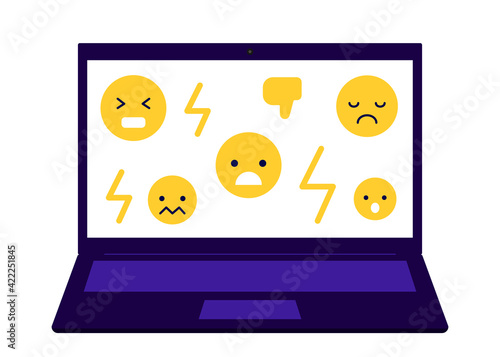 Bully, dislike, mockery online social media in computer. Emoji in laptop. Problem harassment, cyber bulling, victim and troll. Vector illustration