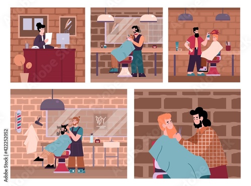 Banners of barber shop with staff and clients, cartoon vector illustration.