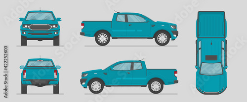 Car in different view. Front, back, top and side car projection. Flat illustration for designing. Vector pickup truck.