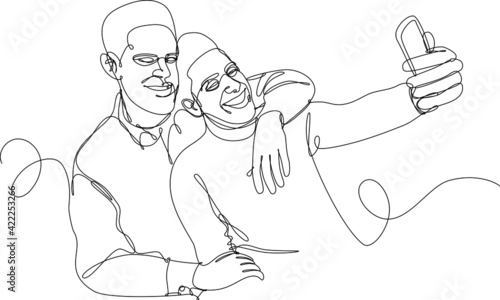 Continuous line illustration of young african american gay couple taking a selfie smiling. Concept of homosexual relationships, freedom of human rights, friendship. Black line on white background.