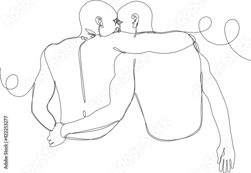 continuous line illustration of young african american gay couple hugging each other, rear view. Concept of same-sex relationships, freedom of human rights, love. Black line on white background.