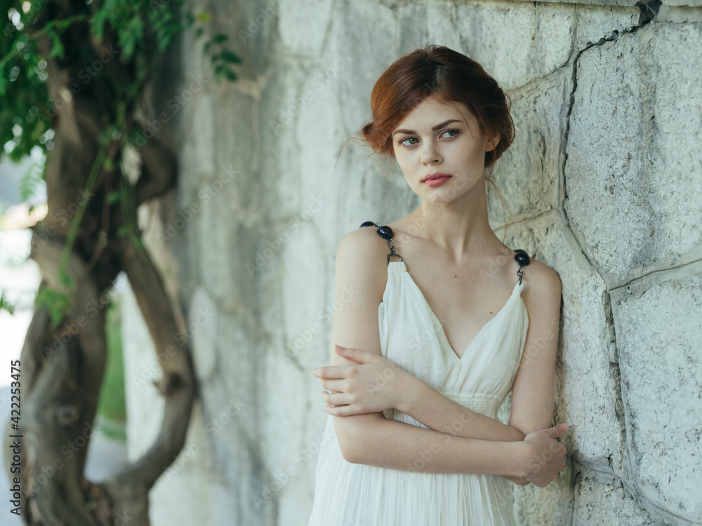 Pretty woman attractive look nature walk glamor white dress Pretty woman attractive look nature walk glamor white dress
