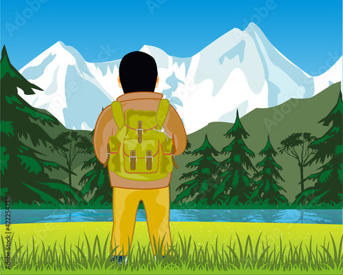 Man travellier beautiful landscape admires with rucksack