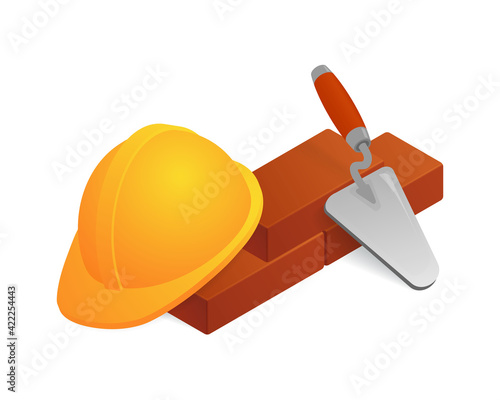 Isometric vector illustration worker hard hat, bricks and trowel isolated on white background. Realistic construction or working safety helmet and bricks icon in flat style. Construction equipment.