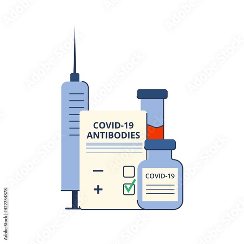 Time of vaccination against covid-19. Virus protection. Checking for antibodies and test result. Isolated concept on white background. Vector