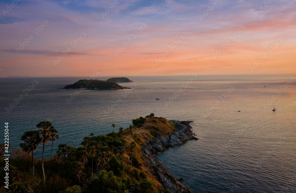 Beautiful of view point sunset sky scene in Phromthep cape and viewpoint at twilight sky in Phuket,Thailand