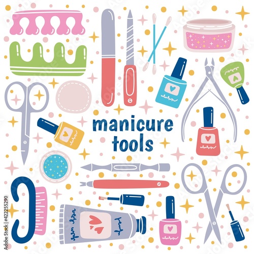 Set of manicure tools. Pedicure equipment. Vector iilustration.