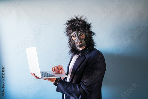 Canvas Print Man with gorilla mask using laptop
