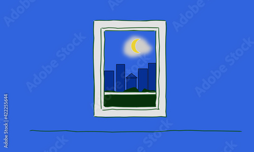 Blick aus einem blauen Raum durch ein Fenster auf eine Stadt im Mondschein