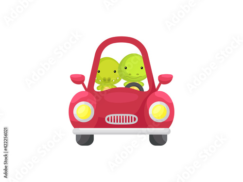 Cute little crocodile and turtle driving red car. Cartoon character for childrens book, album, baby shower, greeting card, party invitation, house interior. Vector stock illustration.