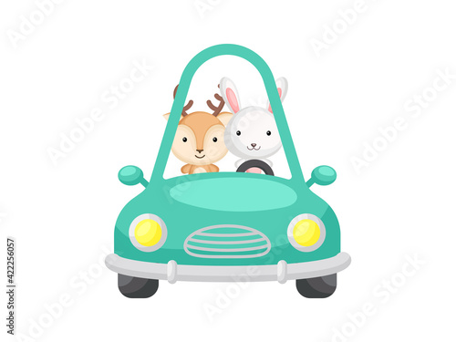 Cute little deer and hare driving emerald car. Cartoon character for childrens book, album, baby shower, greeting card, party invitation, house interior. Vector stock illustration.