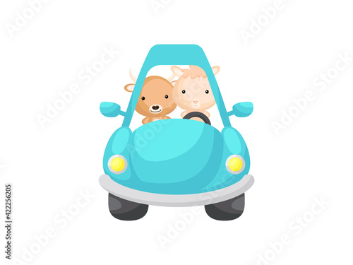 Cute little yak and alpaca driving turquoise car. Cartoon character for childrens book, album, baby shower, greeting card, party invitation, house interior. Vector stock illustration.