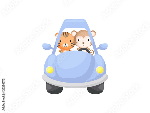 Cute little tiger and monkey driving blue car. Cartoon character for childrens book, album, baby shower, greeting card, party invitation, house interior. Vector stock illustration.