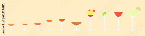 Vector illustration of 10 beverages set. Cocktails, brandy and cognac glasses. Alcoholic drinks in flat style for infographic, articles, banners.