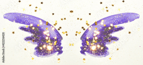 Golden glitter and glittering stars on abstract blue watercolor wings in vintage nostalgic colors.