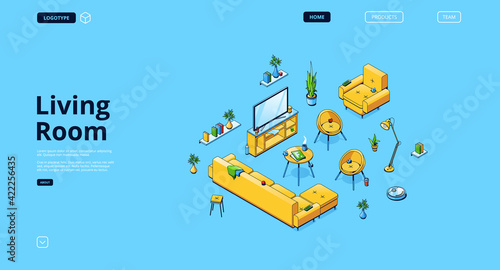 Living room design banner with isometric interior